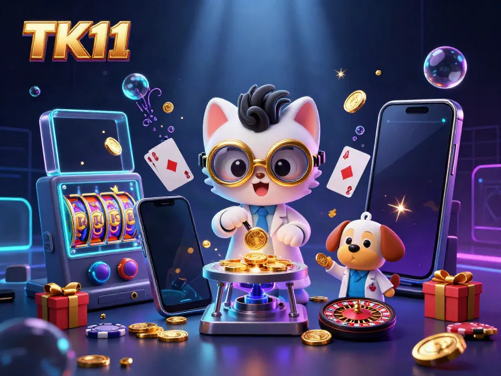 Play exciting gambling games with TK11, featuring a mad scientist and his canine assistant in a vibrant casino lab.