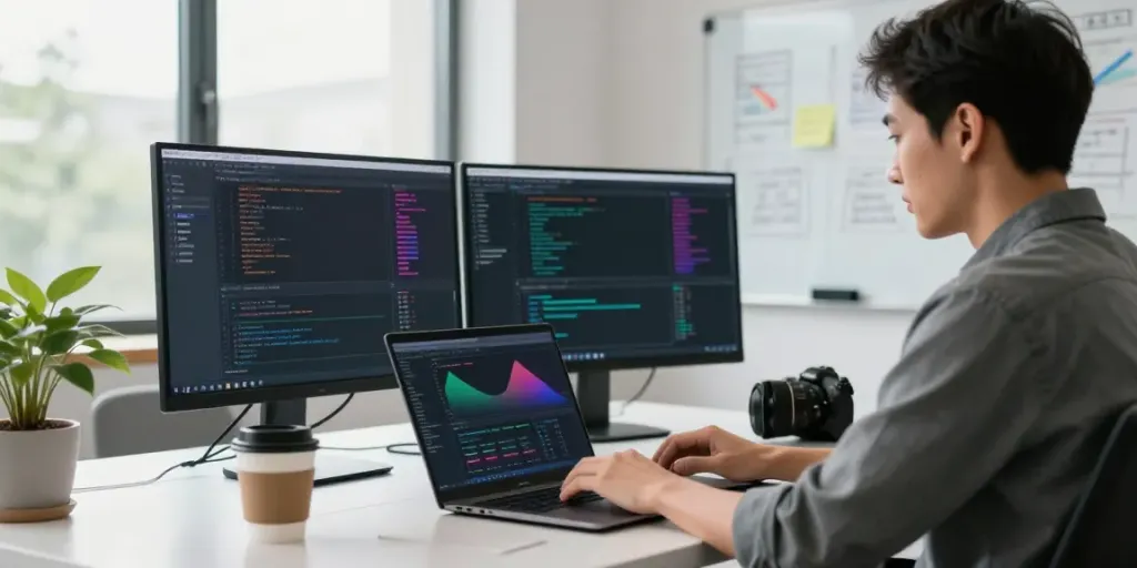 Developer using instant indexing tools on dual monitors in a modern workspace