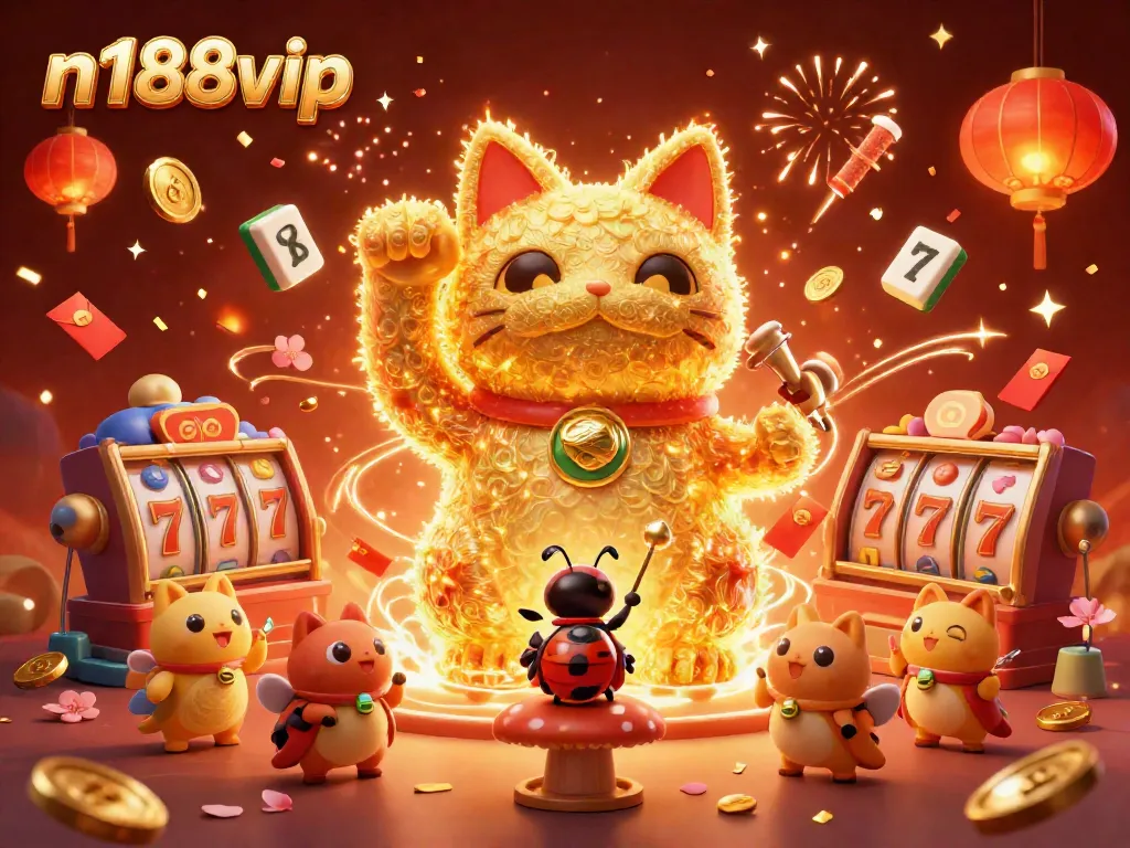 Engage with n188vip's 3D online gaming scene featuring a golden lucky cat and exciting casino symbols.