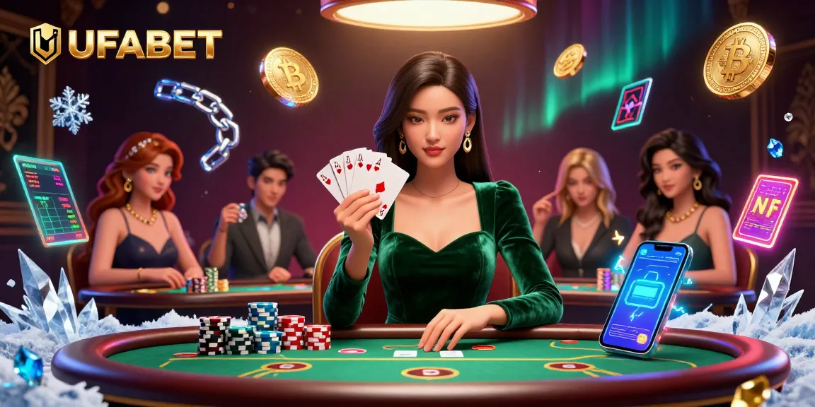 Experience UFABET's vibrant poker atmosphere with striking visuals of a stunning Asian woman at a gaming table.