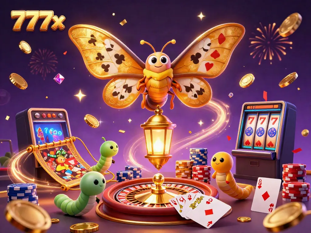 Experience the vibrant energy of 777x with golden coins and sparkling gems from a whimsical casino scene.