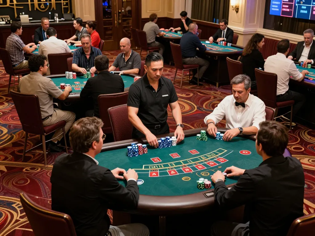 Players engaging in blackjack at mb668 casino, enjoying a vibrant atmosphere with chips stacked high