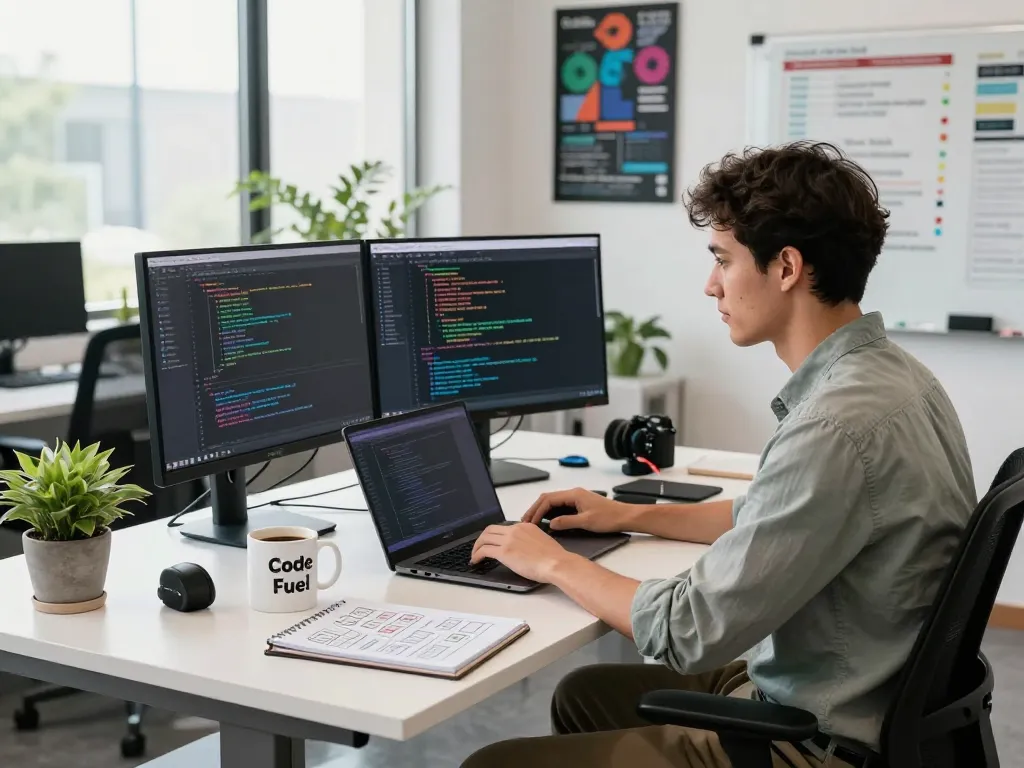 Developer coding in a modern tech workspace featuring open claw AI interfaces on dual monitors.