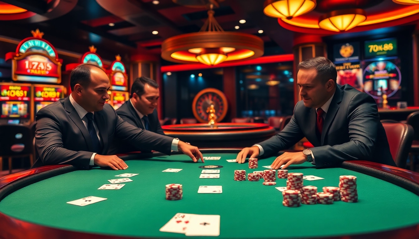 Players enjoy an exciting poker game at tv88 casino, surrounded by vibrant slot machines.