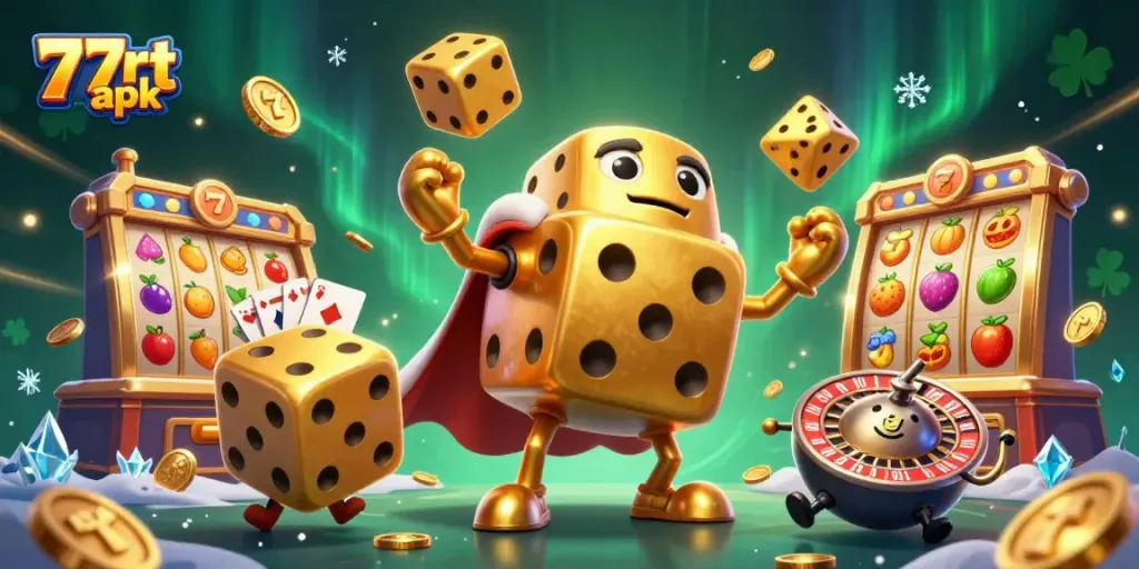 Experience the excitement of the 77rt apk through a vibrant 3D scene, featuring golden dice and slot elements energizing the atmosphere.