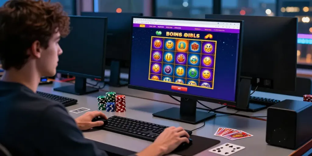 Engaging online gaming setup showcasing Bonus Buy Slots on https://stargazyinn.co.uk with casino chips and city lights.