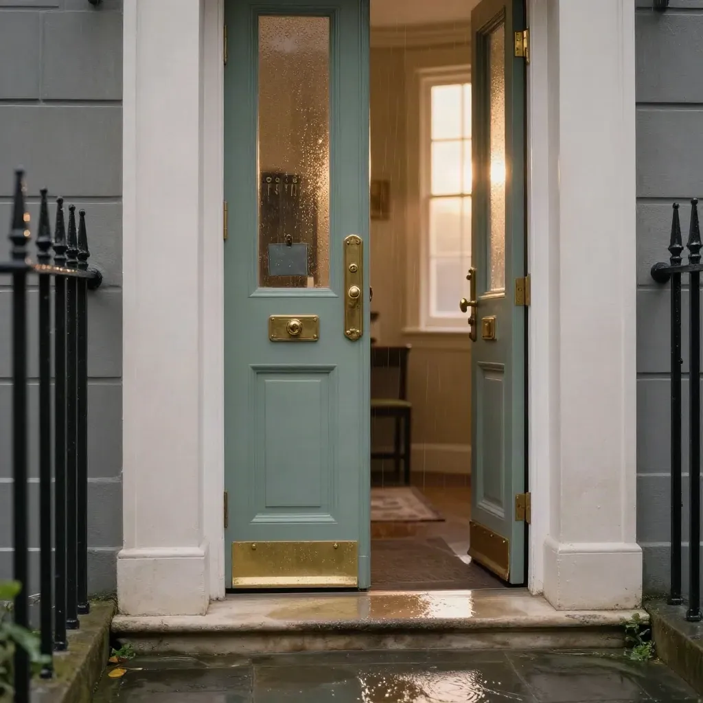 Victorian terrace doorway with brass lock, key safe and verification pouch in blue-hour rain.