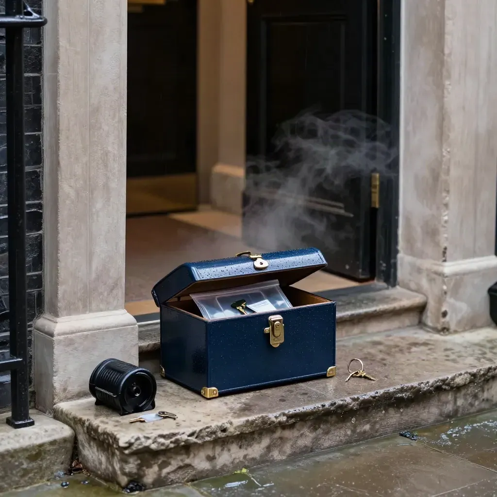 Rain-wet London doorstep with lockbox, spare keys and sealed evidence pouch at the threshold.
