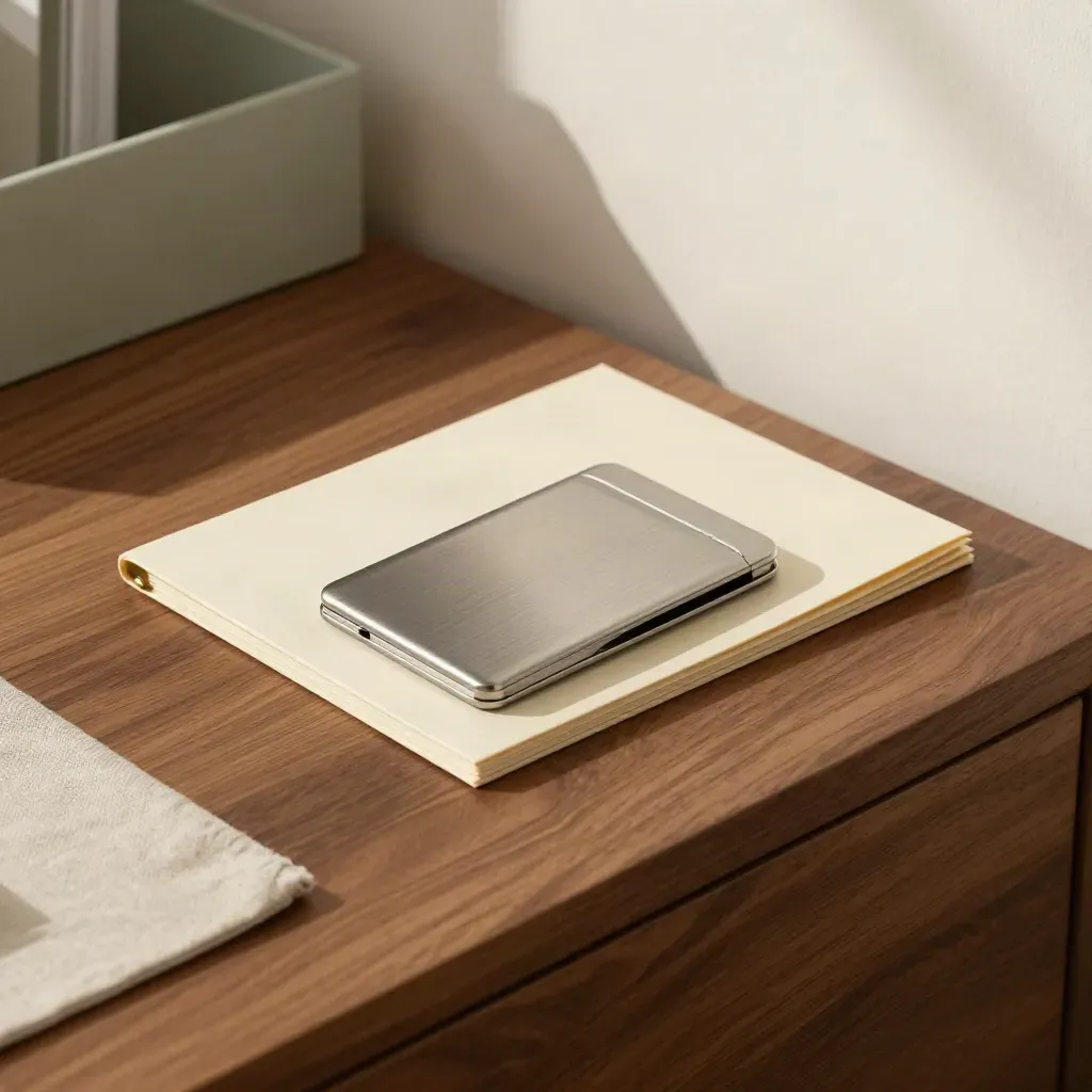Brushed steel card holder, proof folder and brass clips on a walnut desk in soft daylight.