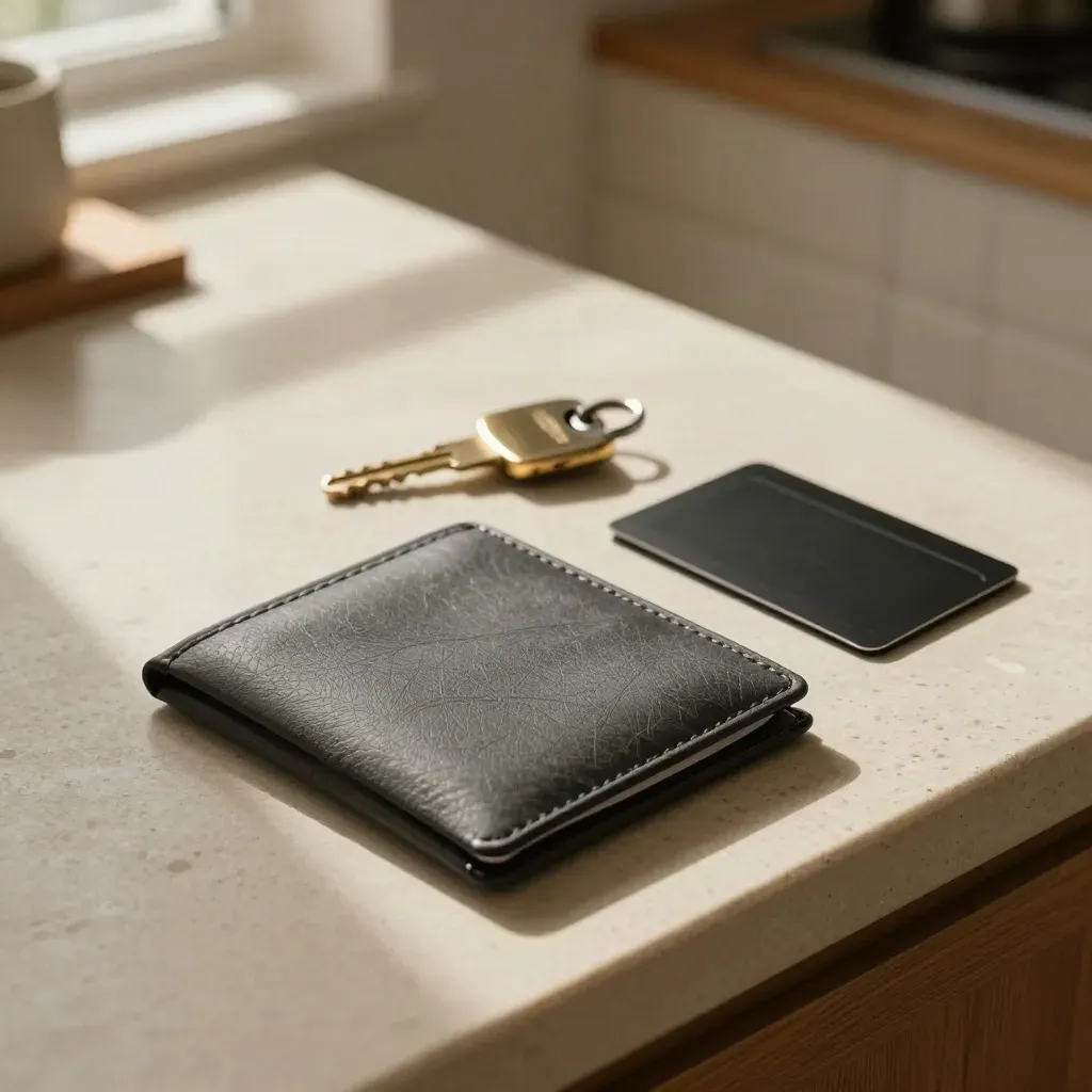 Keys, contact sleeve and file wallet on a stone kitchen counter in warm late-afternoon light