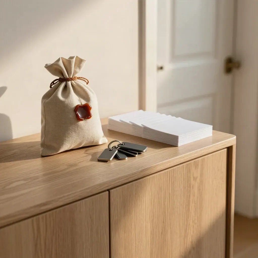 Oak sideboard with a sealed deposit pouch, key tags and proof sleeves by a hallway door.