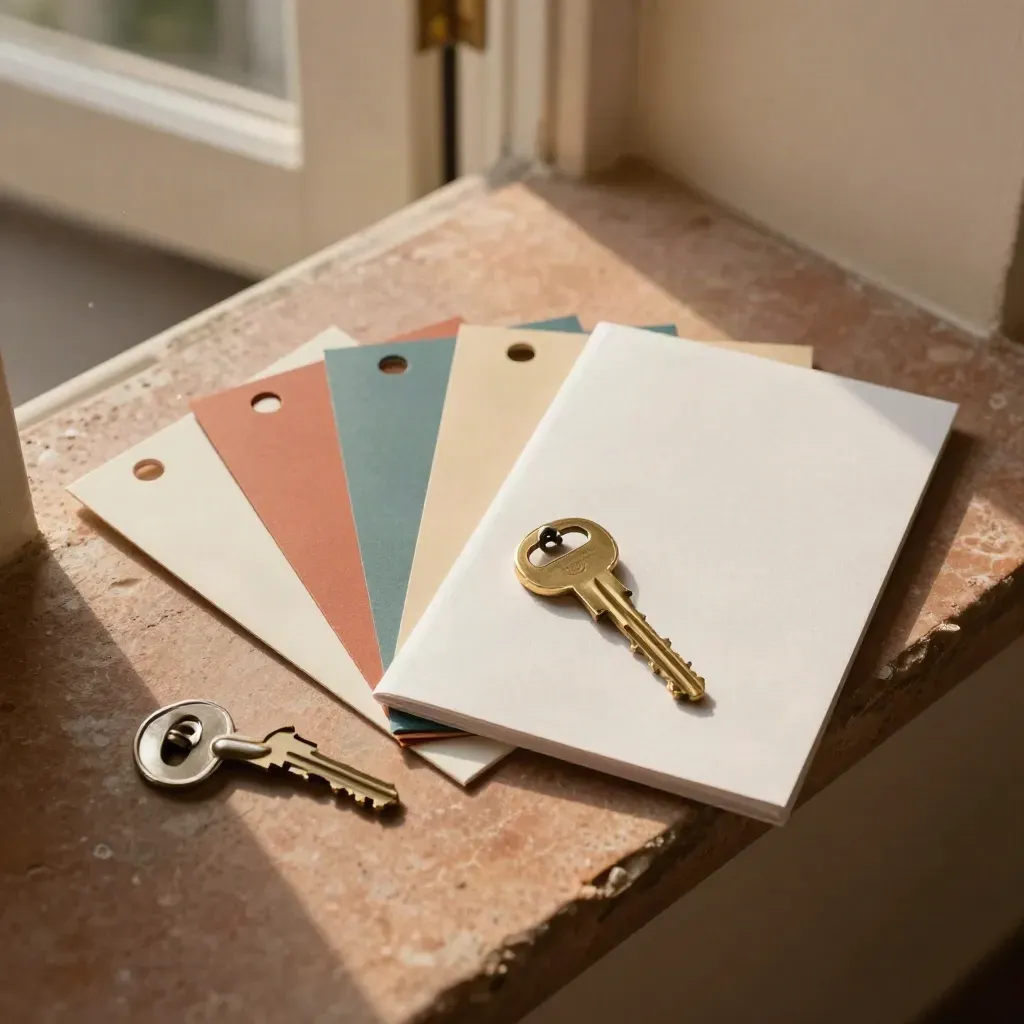 Viewing kit with brass key, room tags and checklist sleeve on a terracotta hallway threshold.