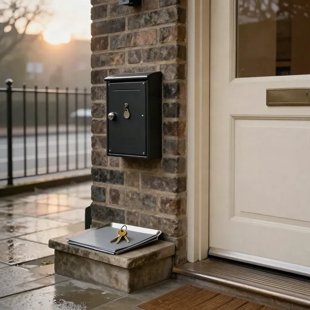 Rain-damp terrace entrance with lockbox, untouched keys and a closed scam-check folder.