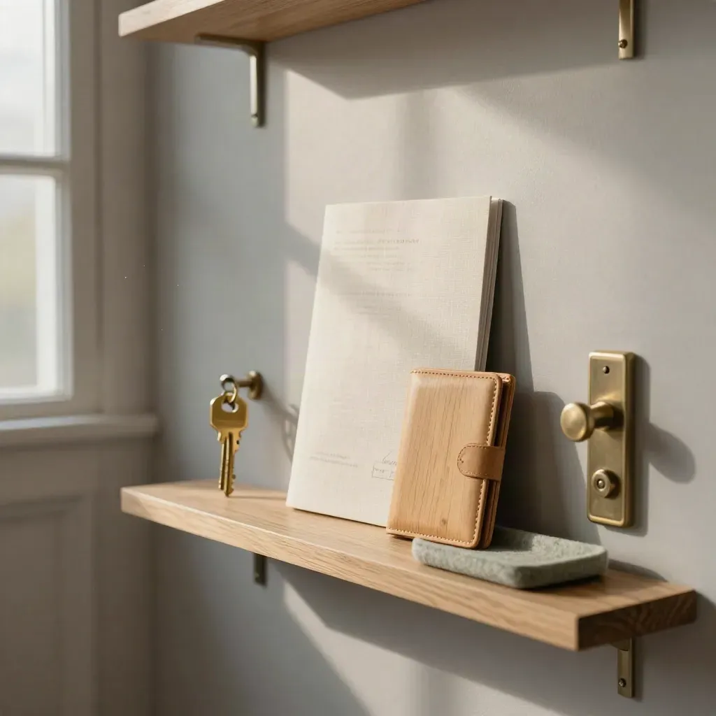 Hallway shelf with keys, folio and fresh hardware ready for relaunch