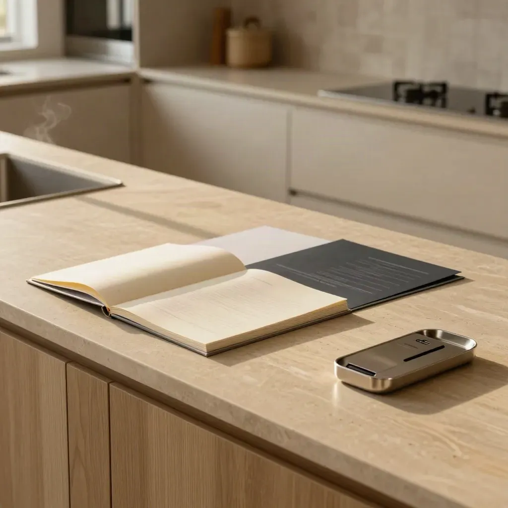 Kitchen counter with a proof pack, secure payment tray and closed listing folder in dramatic light.