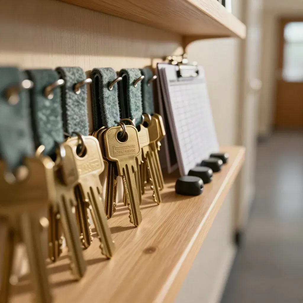 Brass room keys, teal felt tabs, and a hallway checklist sleeve beside door stops.