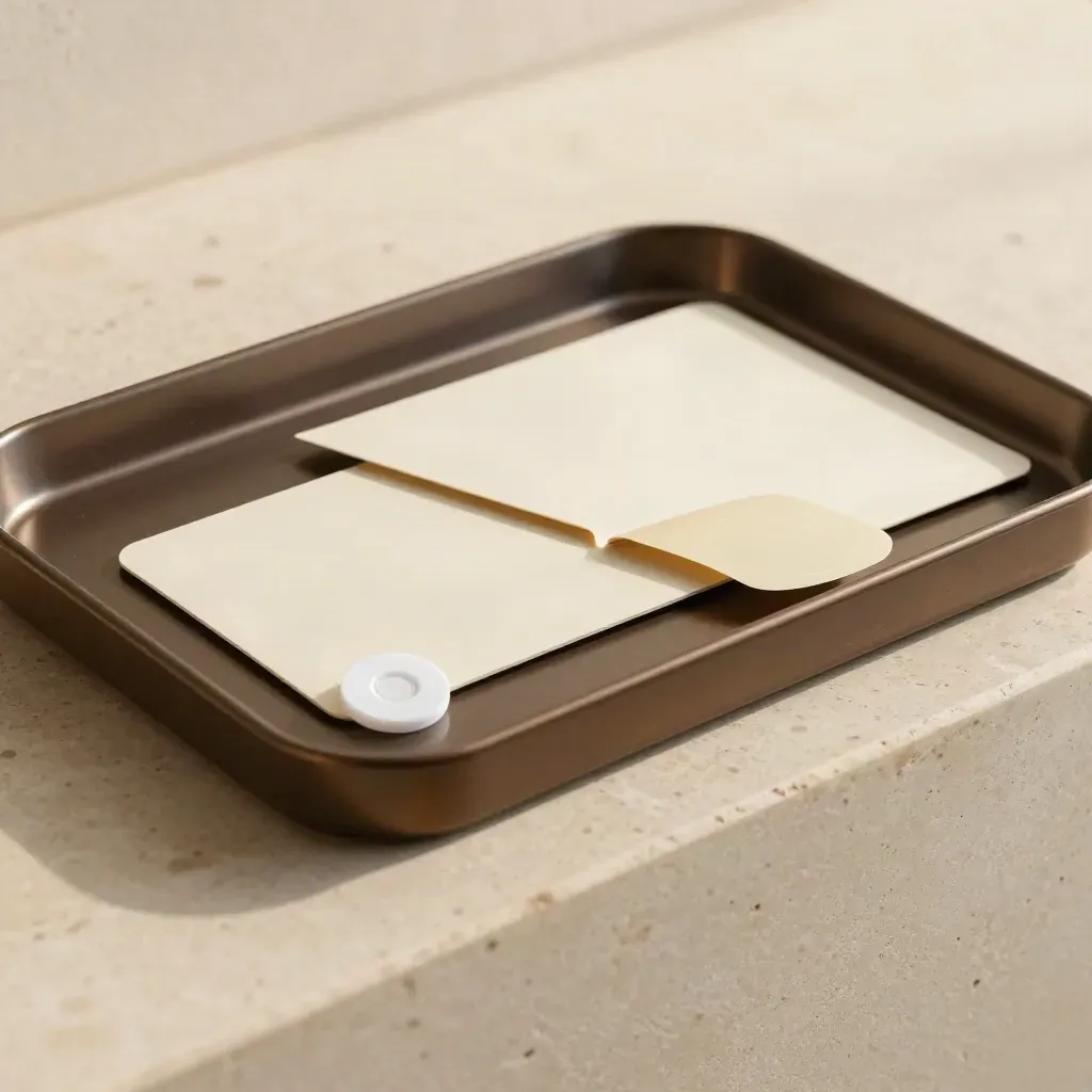 Secure payment tray, alert token and lifted seal on a pale stone ledge, tense and empty.