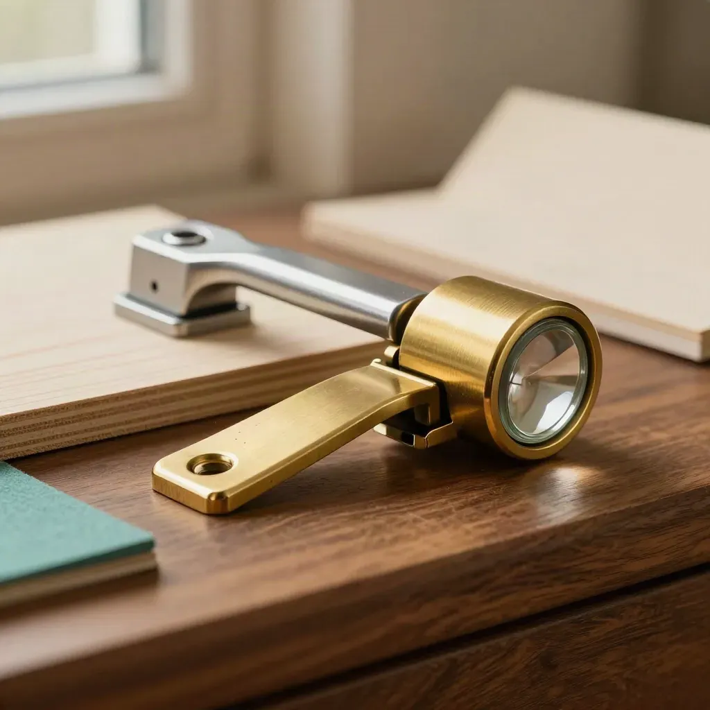 Brass door-chain catch, window restrictor and cylinder core on a walnut bench.