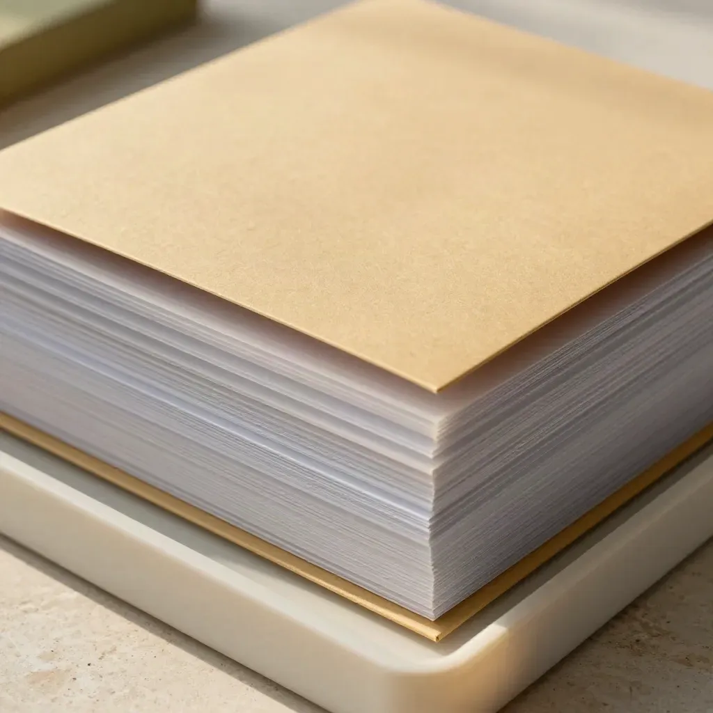 Top-down close-up of layered blank folder sleeves, dividers, and archival flap