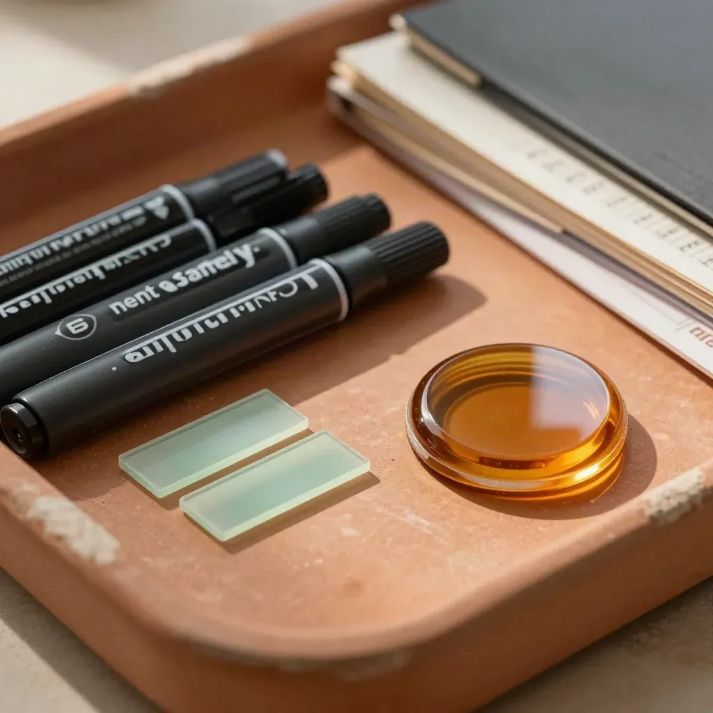 Risk markers, clips and amber disc on terracotta tray in soft daylight.