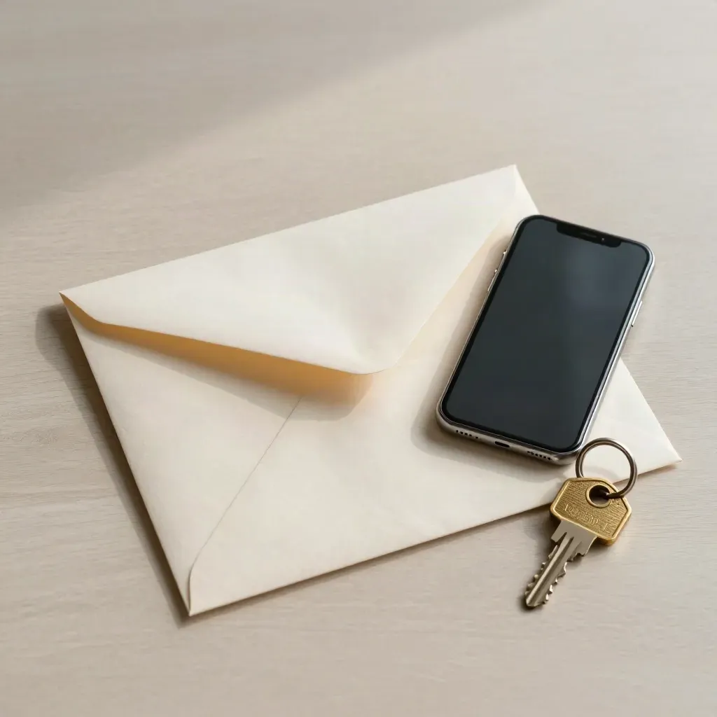 Manila envelope, dark-screen phone and key ring on pale wood under soft light