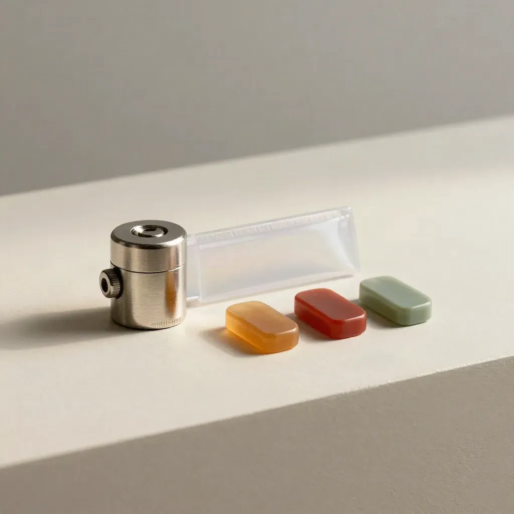 Lock cylinder, status chips, and evidence pouch on a pale plaster sweep with soft side light.