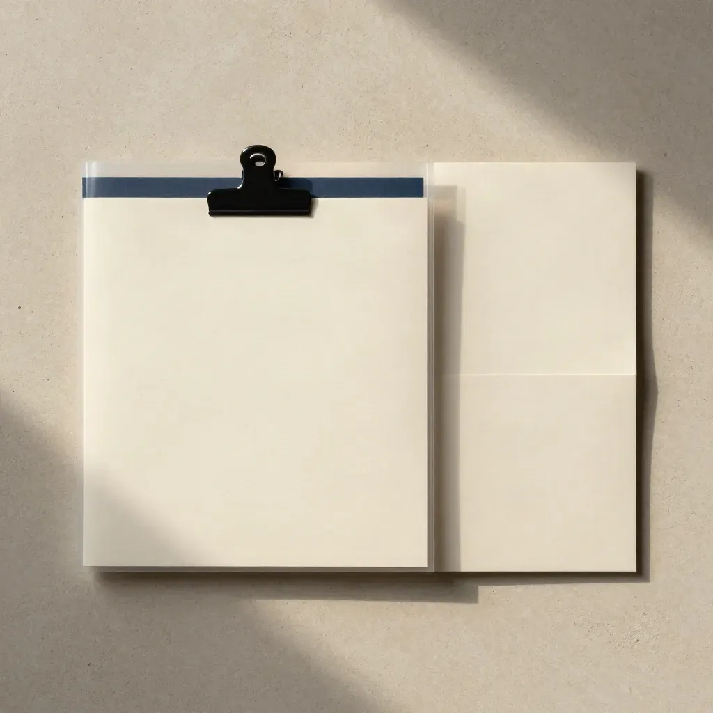 Cream report folio with clear sleeves and a black clip on limestone, top-down.