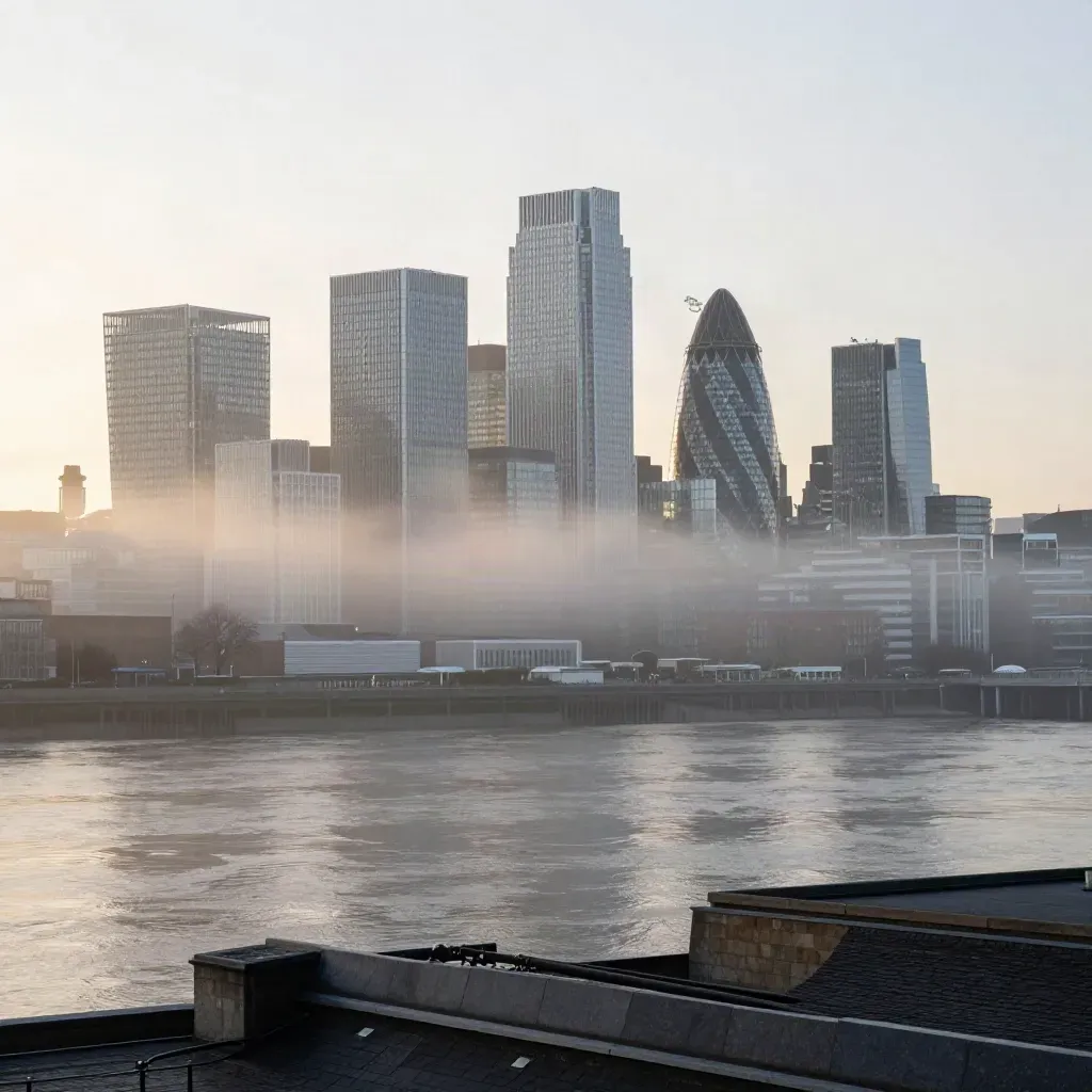 Canary Wharf towers above the misty Thames at dawn in a wide architectural panorama.