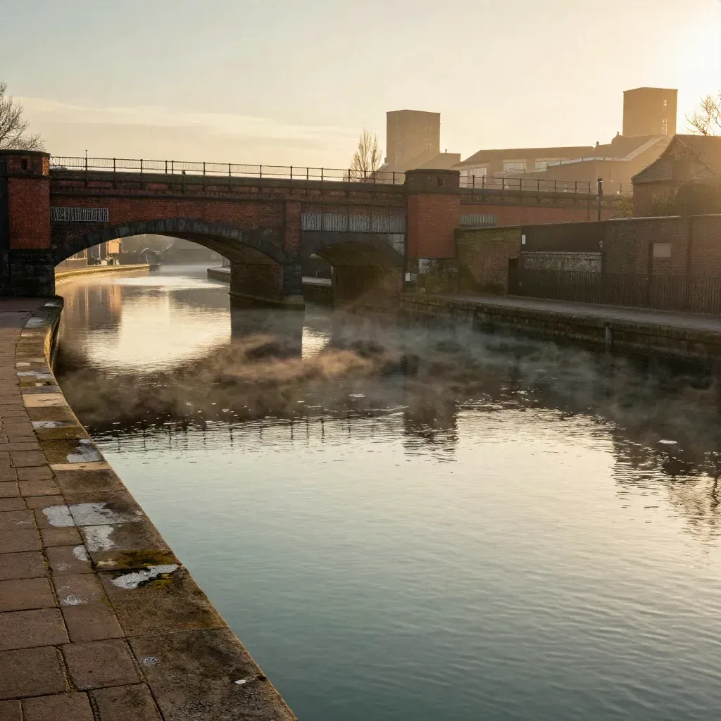 Birmingham canal basin at golden hour with brick bridges, mist and tower silhouettes