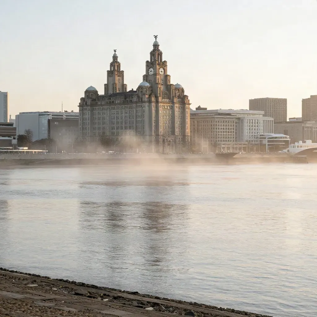 Liverpool waterfront with the Three Graces above a misty Mersey at sunset.