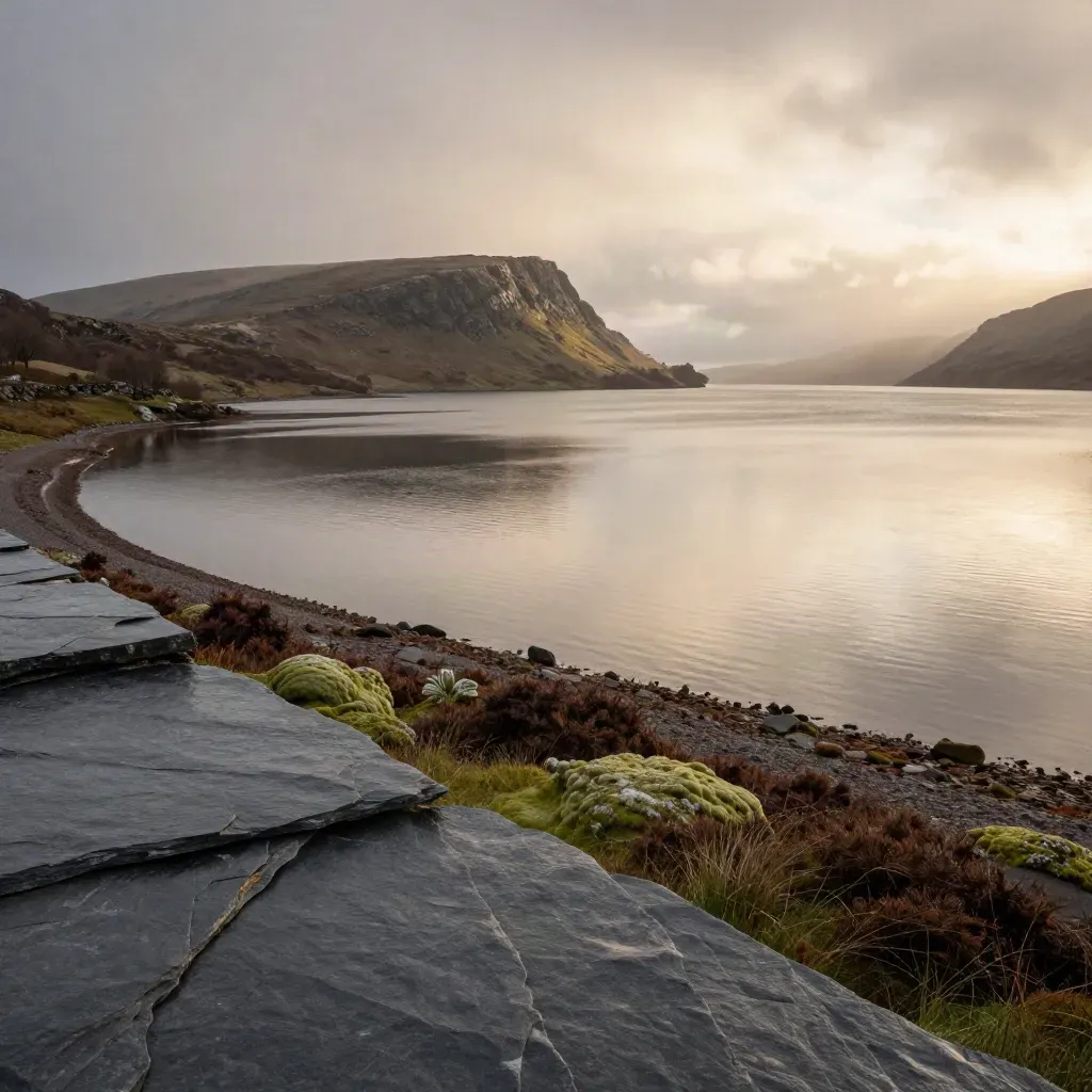 Slate lochscape with mist, ruined ridge and soft green moss under golden light