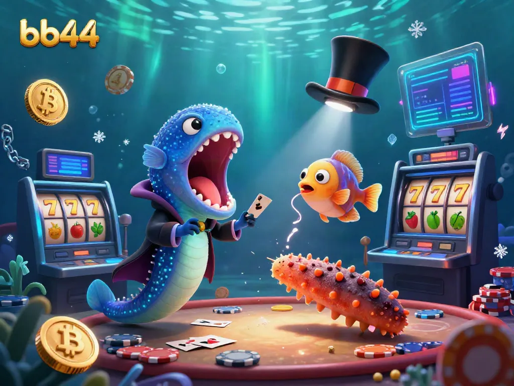 Experience the magic of bb44 with a bioluminescent eel showcasing casino card tricks amidst crypto coins and slot machine reels.