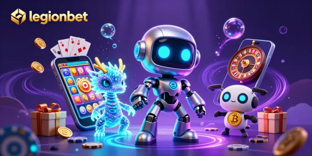Win big at legionbet with a vibrant 3D scene featuring a cartoon robot, AI dragon, and bitcoin drone.
