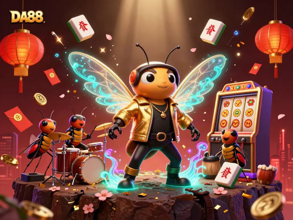 DA88 casino scene featuring a cicada rock star, slot reels, and vibrant game elements.