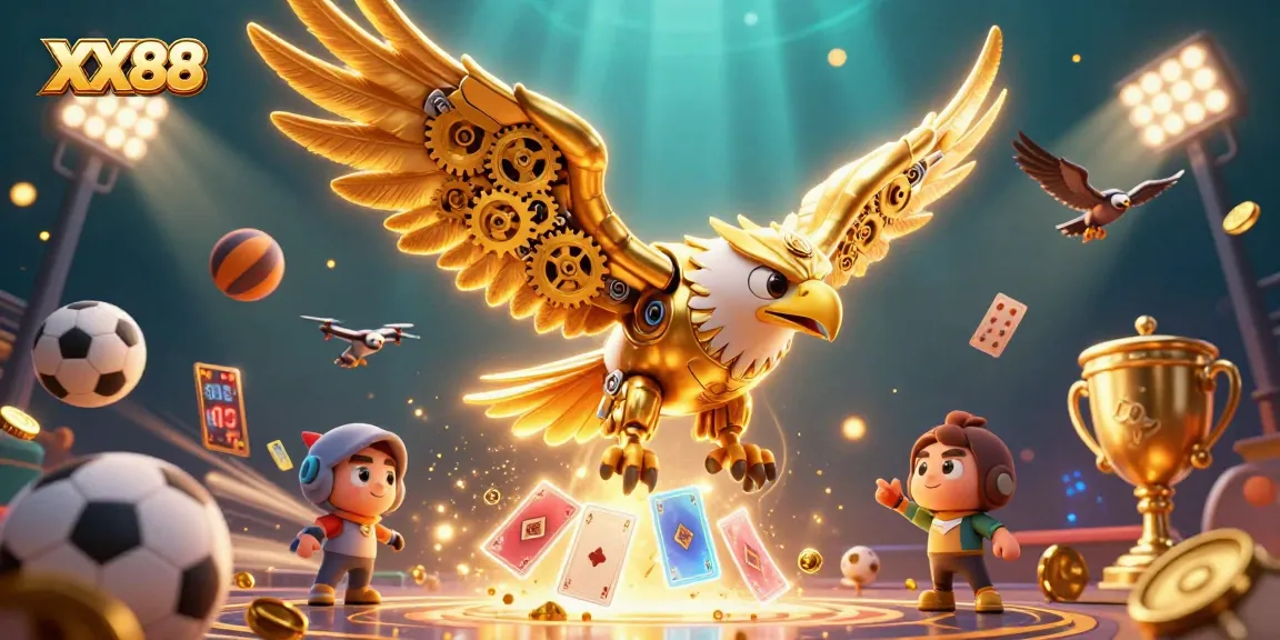 Experience the thrill at XX88 with a dynamic 3D scene featuring an eagle soaring through casino elements.