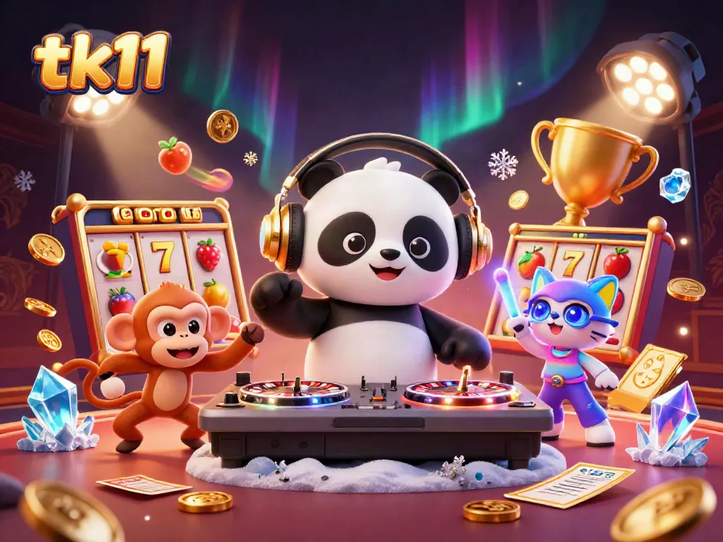 Engage in thrilling gaming action with tk11's dynamic casino illustration featuring a DJ, monkey, and kitten.
