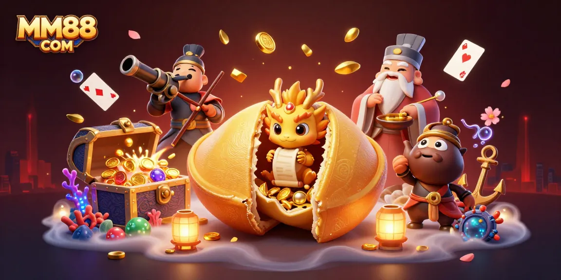 Engage in stunning MM88 COM slots adventures with a giant golden fortune cookie and vibrant treasures.