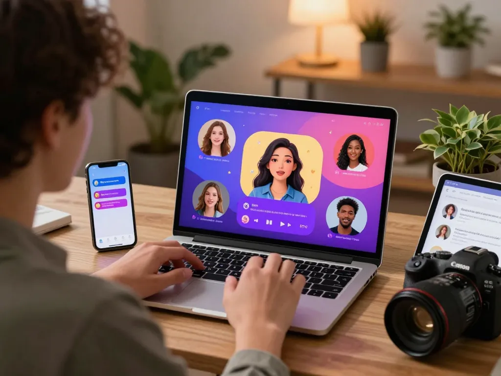 Engaging interaction with a sex chat ai on a laptop in a warm, vibrant workspace.