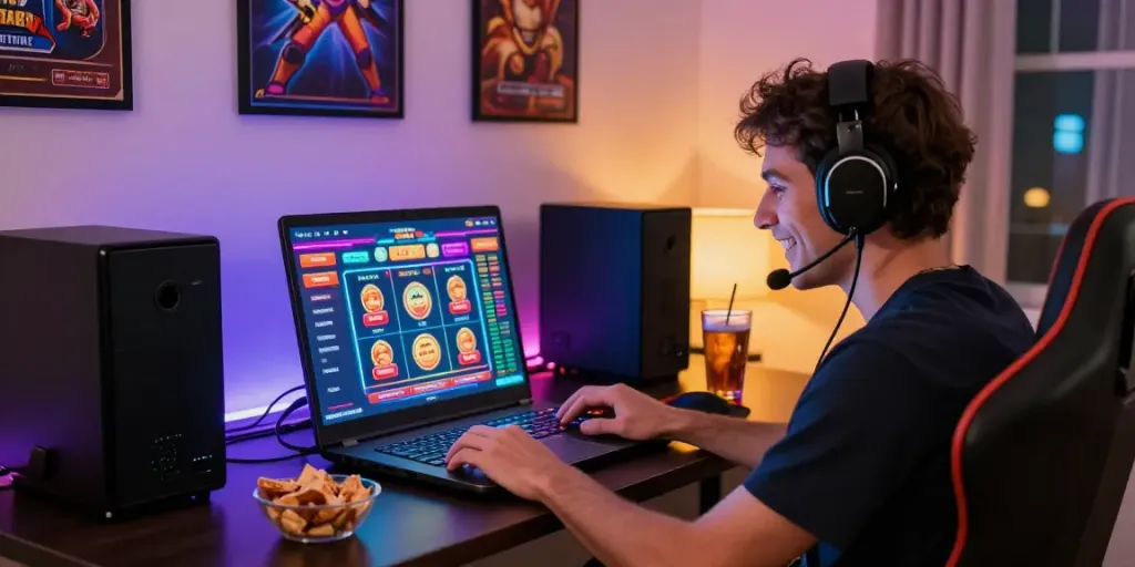 Engaging home setup featuring a person enjoying a non gamstop casino experience with colorful LED lights and gaming equipment.