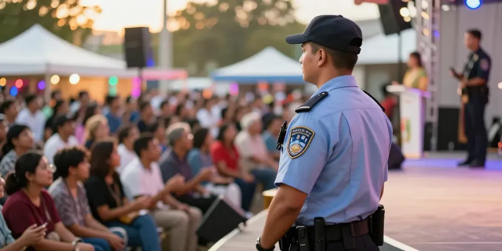 Security Guard ensuring safety at a local event with a welcoming atmosphere.