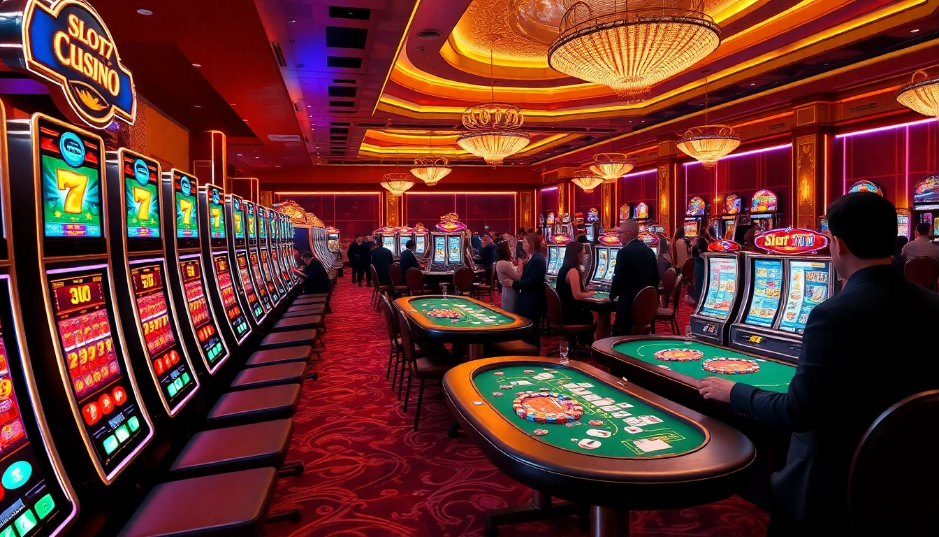 Experience the excitement of Slot777 with vibrant casino slot machines and players in action.