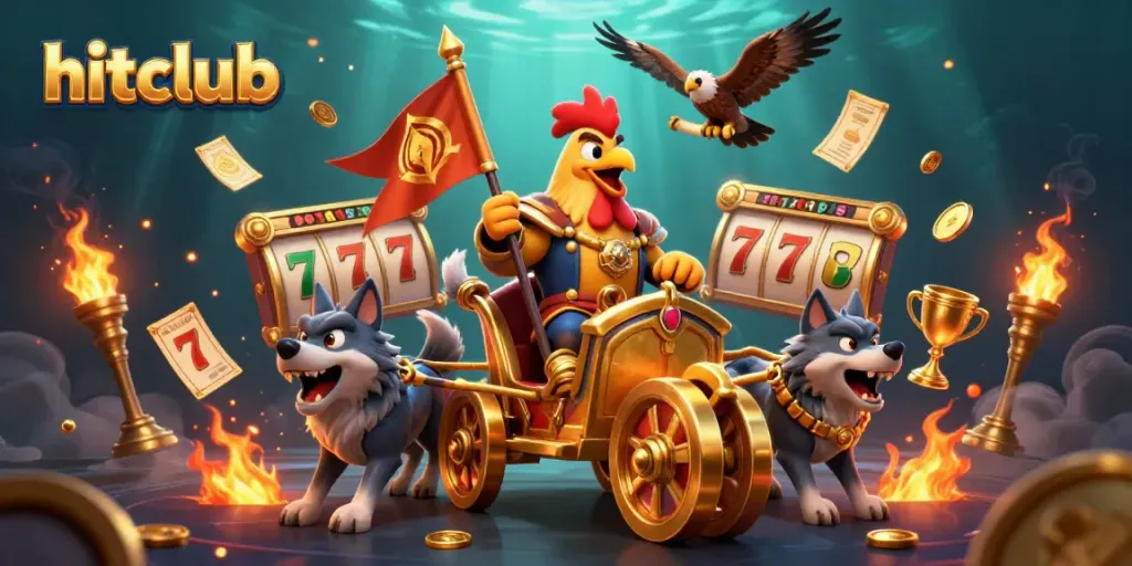 Experience dynamic gameplay at hitclub with golden chariots, slot reels, and a vibrant casino atmosphere.