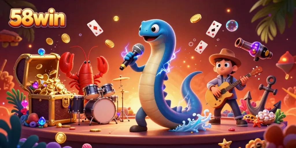 Experience the excitement of 58win with a vibrant underwater casino scene featuring a DJ electric eel, lobster drummer, and seahorse guitarist.