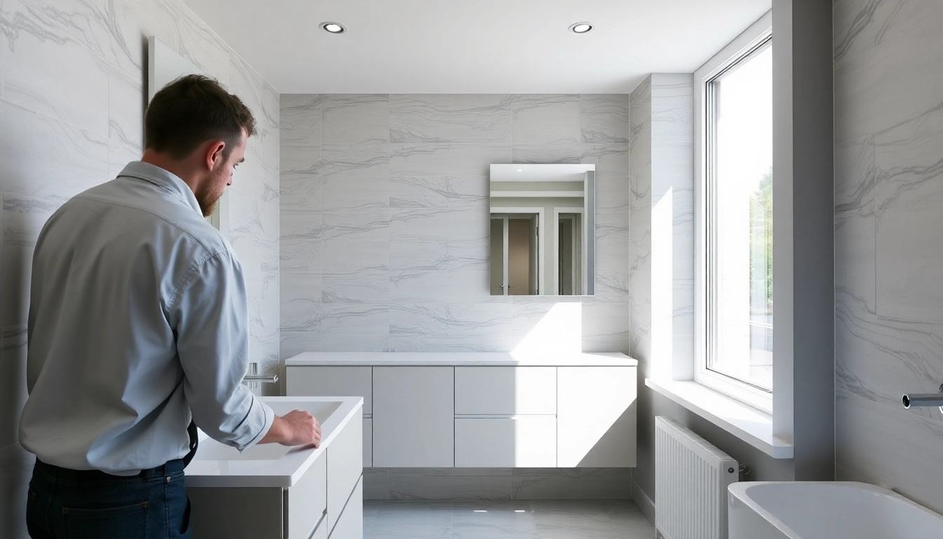 Manchester bathroom fitters installing modern tiles and fixtures in a stylish bathroom.