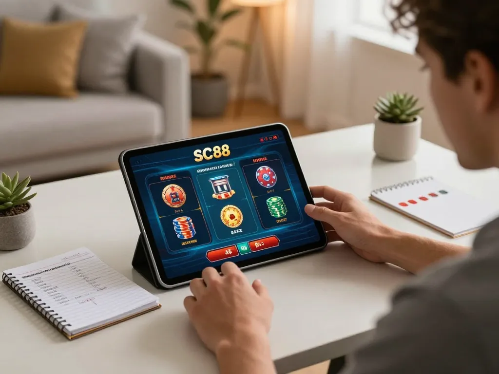 Player enjoying SC88 online gaming experience on a tablet, showcasing exciting betting options.