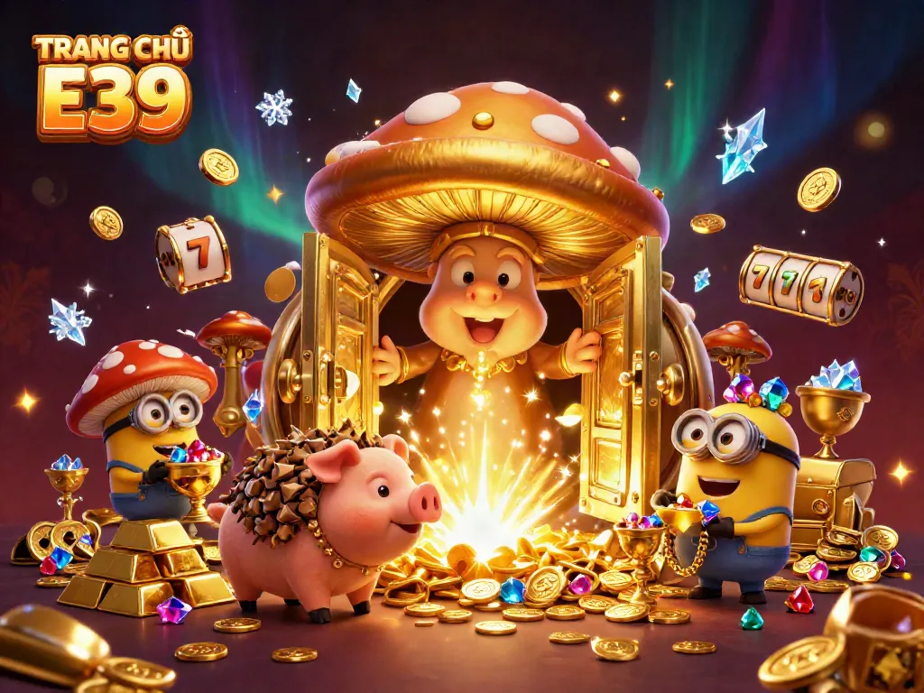 Experience the magic of TRANG CHỦ E39 casino with golden treasures and dynamic slot elements.