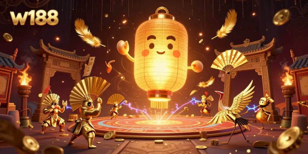 Engage with w188 as glowing lantern spirit illuminates a vibrant casino night market scene filled with thrilling energy.
