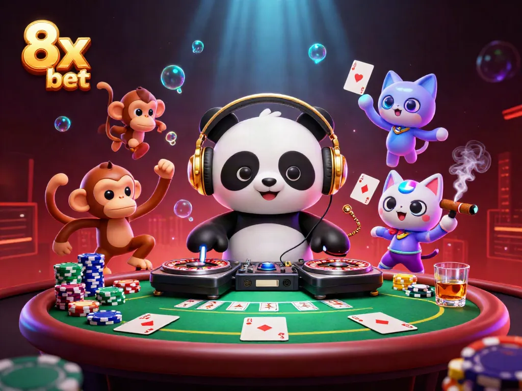 Experience vibrant gaming with 8x bet featuring an energetic panda DJing at a colorful casino party.