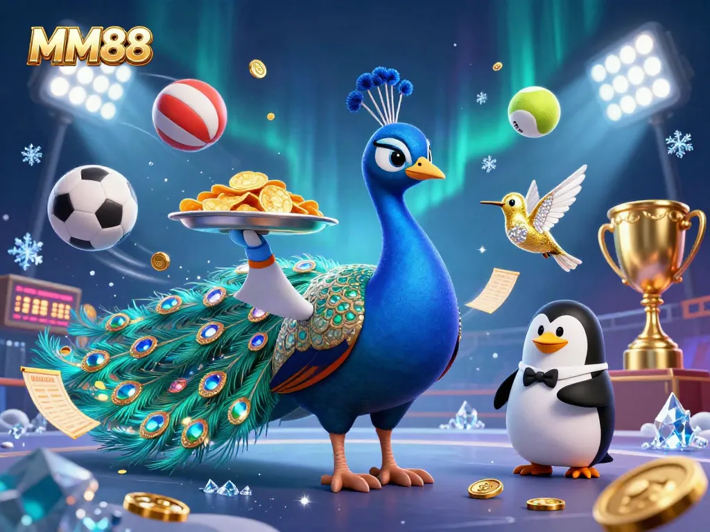 Engage with MM88’s vibrant casino scene featuring a peacock, penguin, and hummingbird surrounded by sports elements.