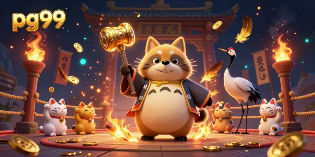 Engaging pg99 scene with a cheerful tanuki, samurai crane, and fortune cats amidst dynamic casino elements.